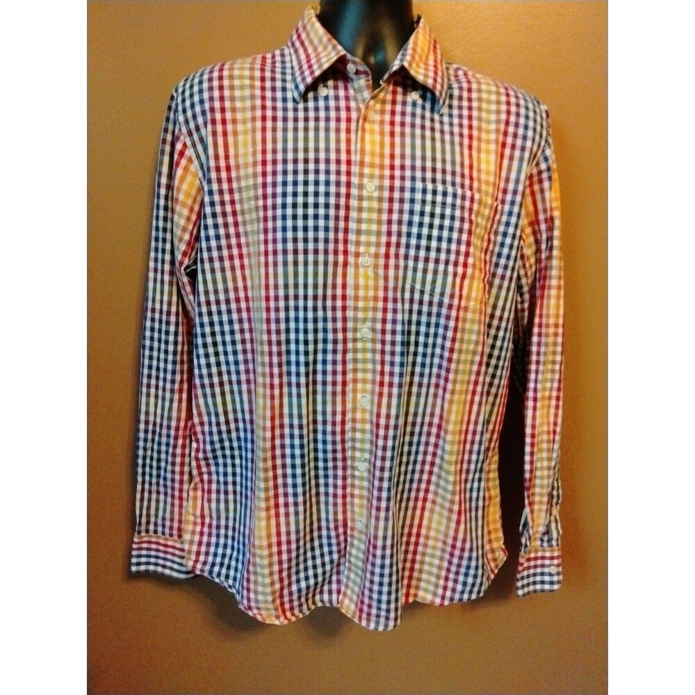 Toscano Shirt Men's Large Multicolor Plaid Linen Long Sleeve Button up Collared